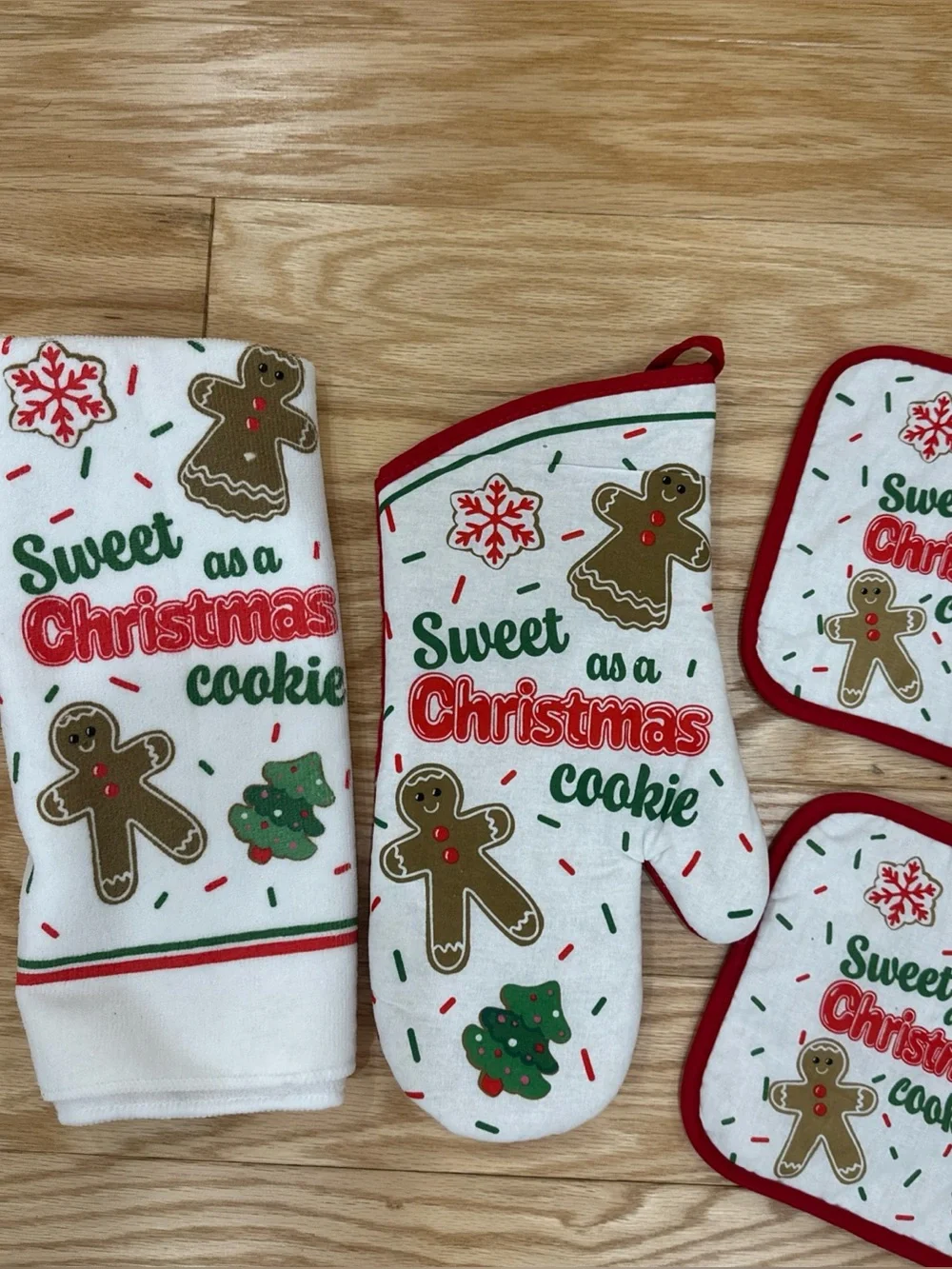 Sweet as a Christmas Cookie Oven Mitt and Pot Holder Set - Red, Green, White